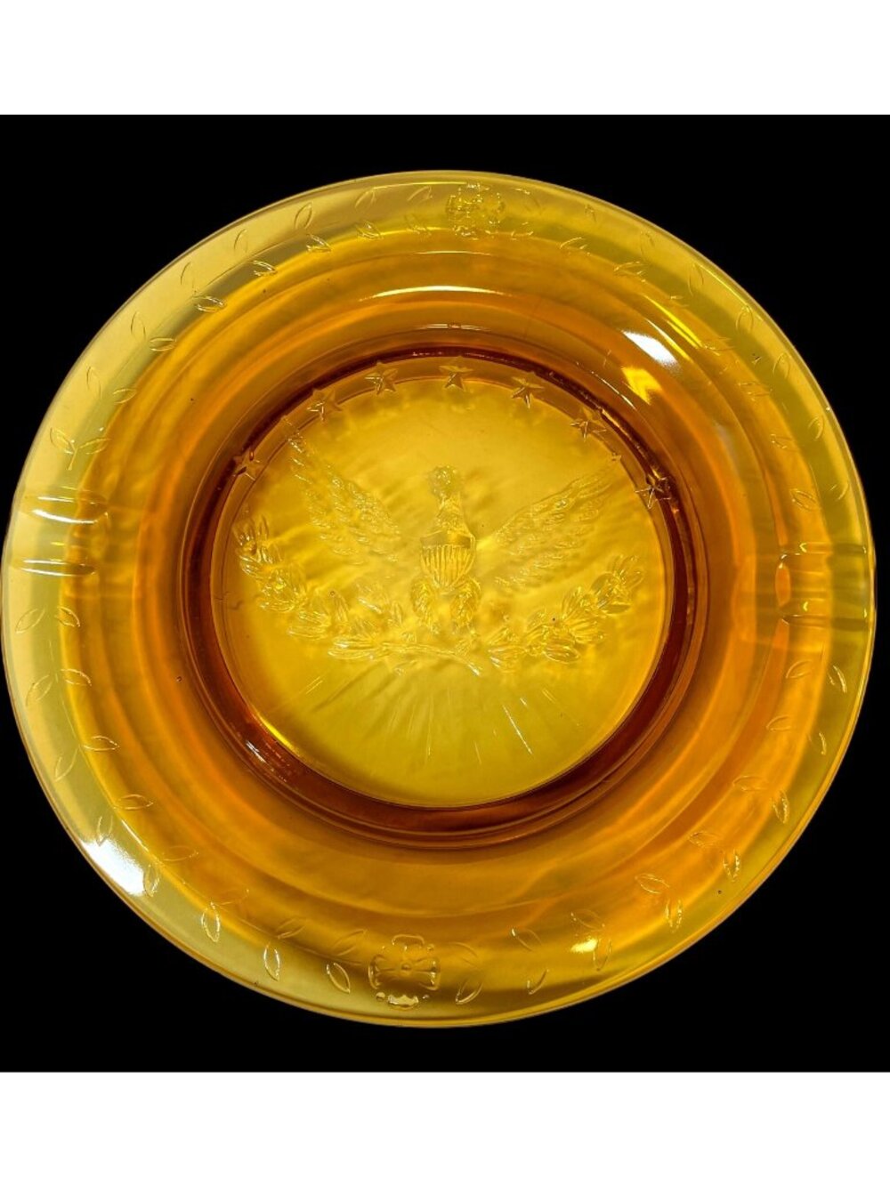 Vintage L.E. Smith Amber Glass Ashtray with Embossed Eagle Design & Star Accents